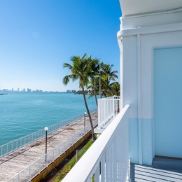 balcony with view of palm trees and a body of water
