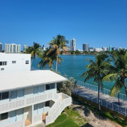a building by a body of water and palm trees