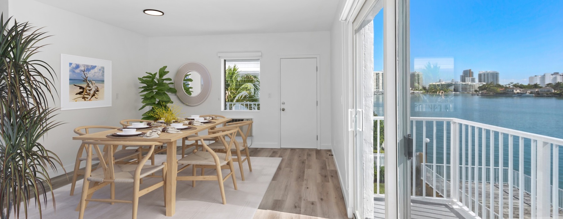 a spacious dining room overlooking the water