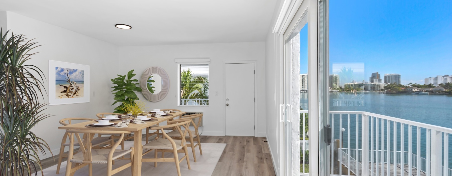 a spacious dining room overlooking the water
