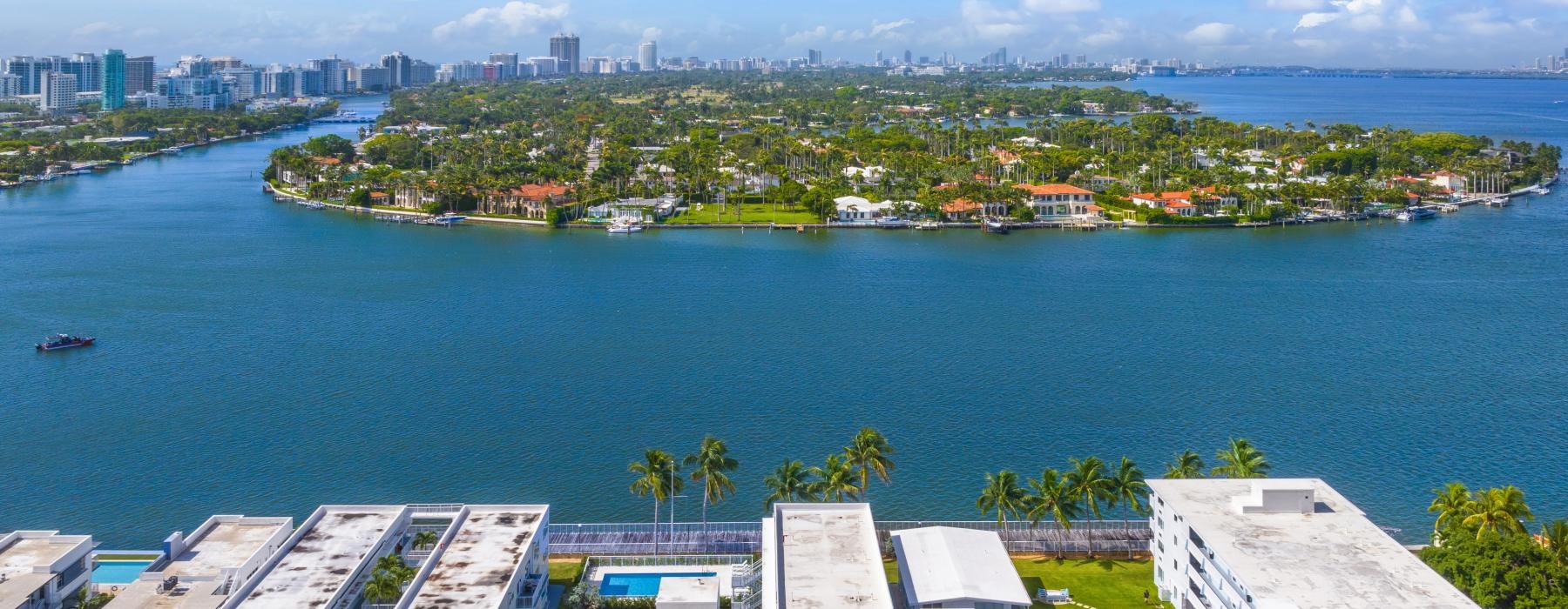 a body of water with buildings and trees around it
